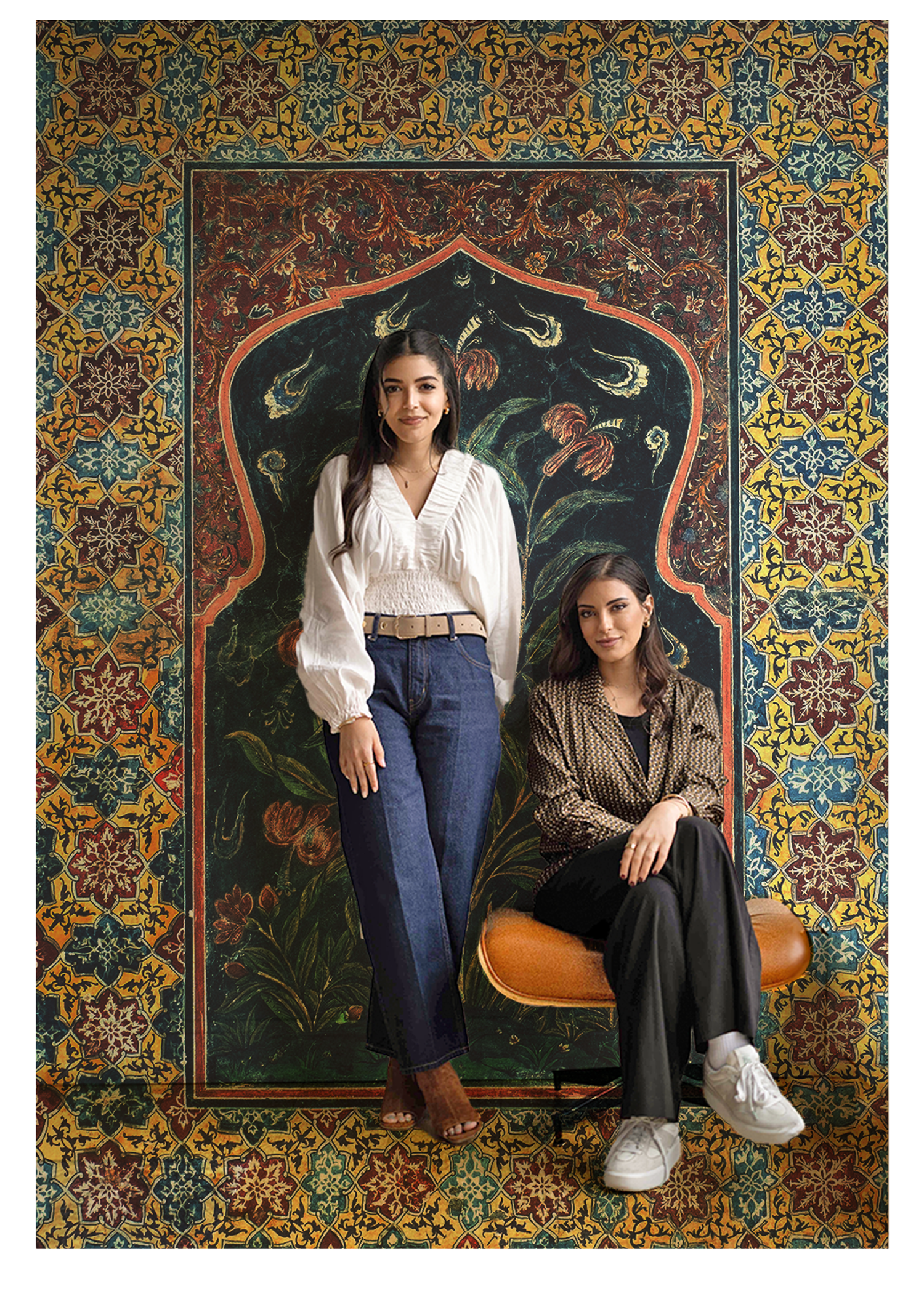 Two women posing in front of a decorative wall with intricate patterns. Founders of high end jewelry brand Heiam