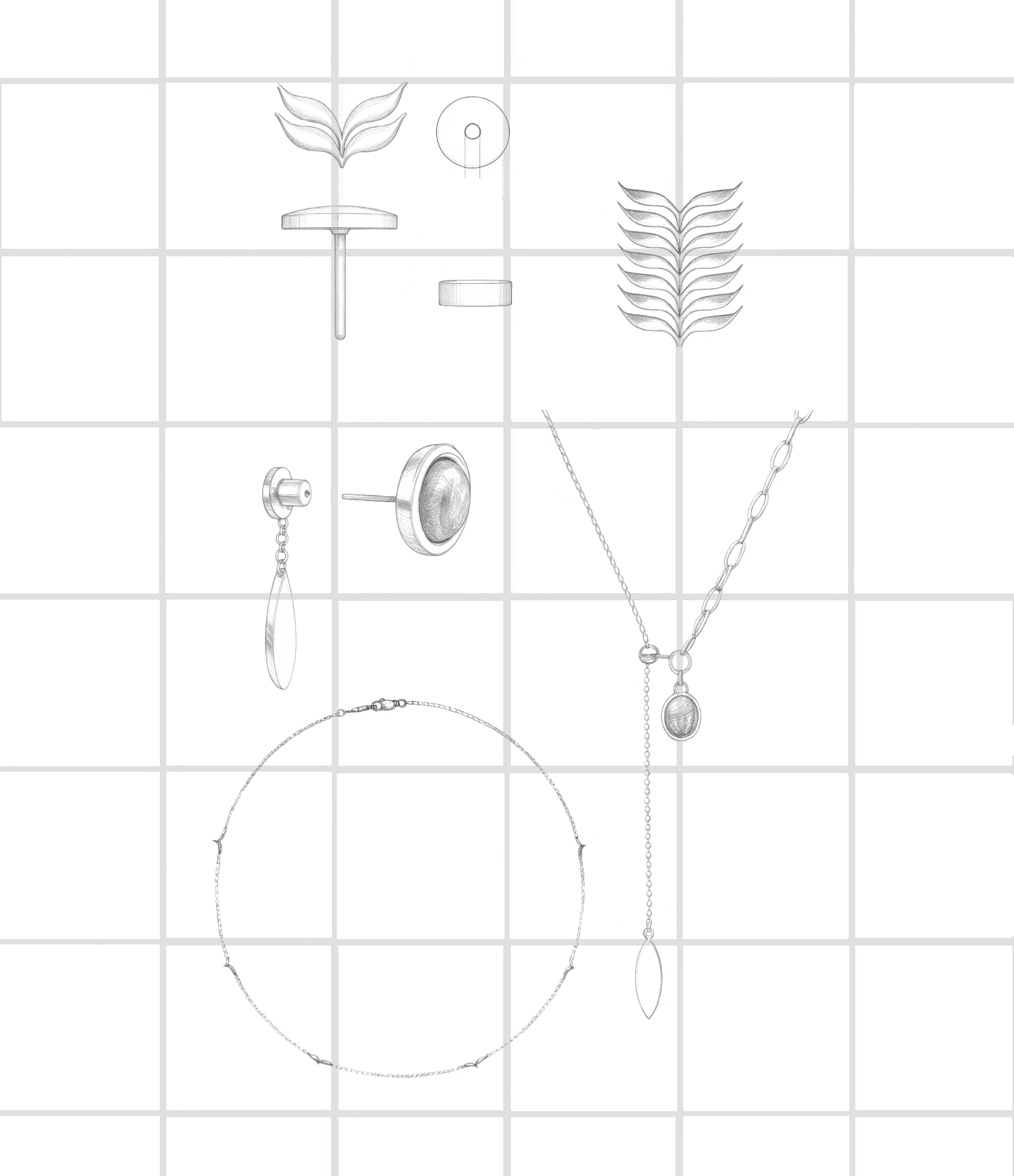 Line drawings of jewelry items on a grid background, concept art
